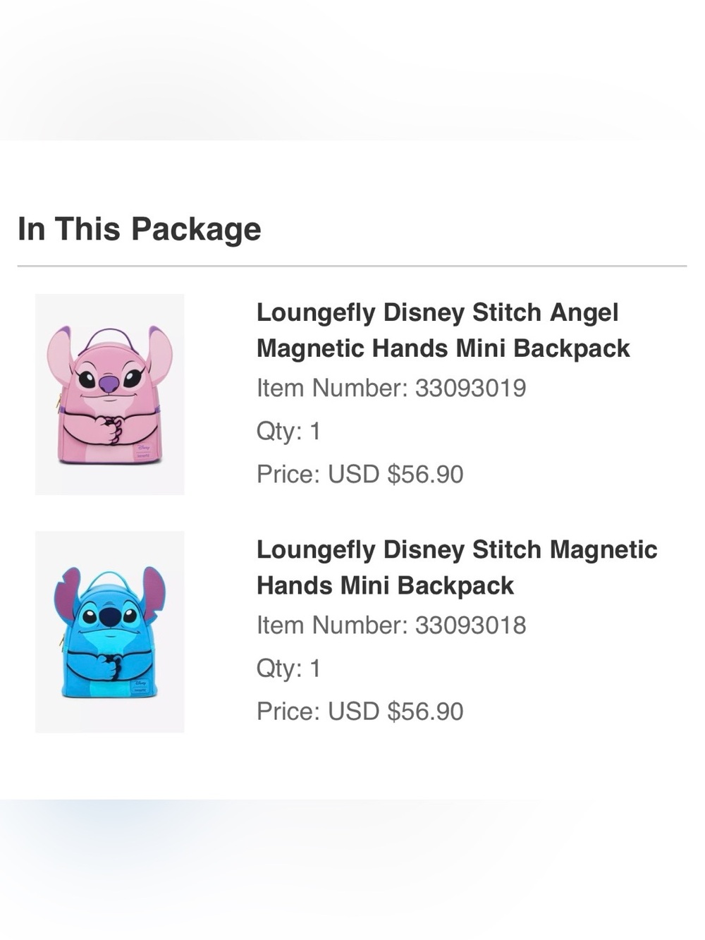 Loungefly Disney Angel AND Stitch Mini Backpacks with Magnetic Hands